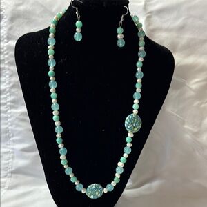 Hand Crafted Blue and White Necklace with Ornamental Focal Point